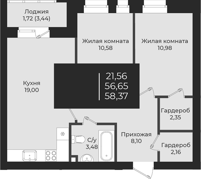 Планировка — Чехова, 2-комн., 57 м²