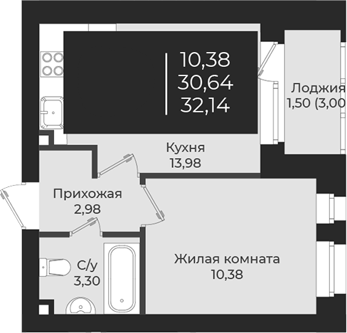 Планировка — Чехова, 1-комн., 31 м²