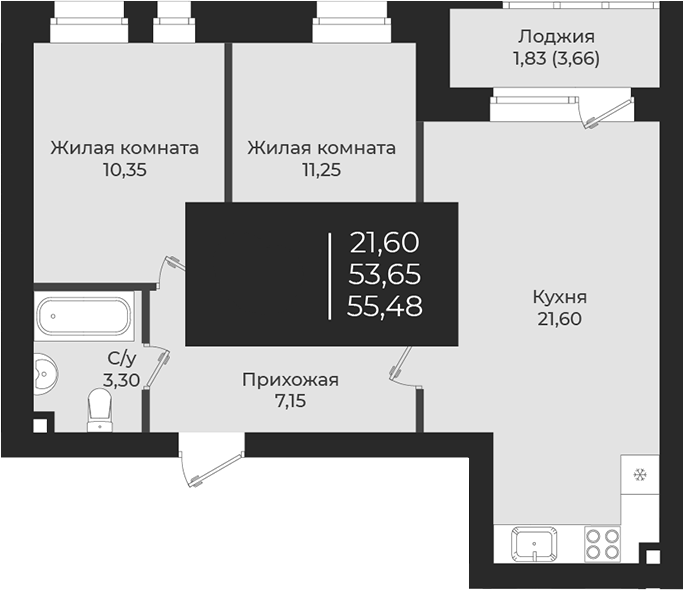 Планировка — Чехова, 2-комн., 54 м²