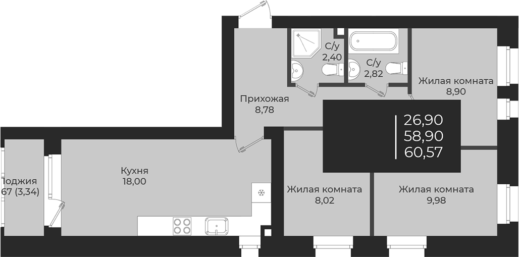 Планировка — Чехова, 3-комн., 59 м²