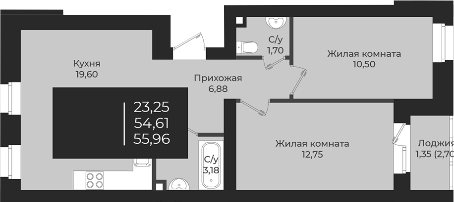 Планировка — Чехова, 2-комн., 55 м²