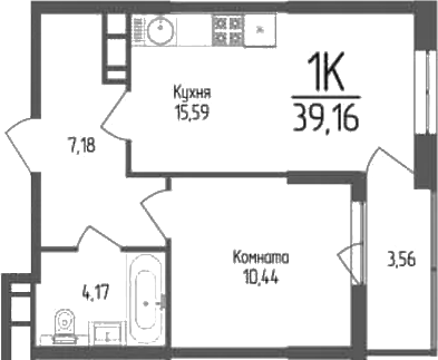 Планировка — Кумир, 1-комн., 37 м²