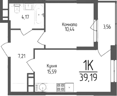 Планировка — Кумир, 1-комн., 37 м²