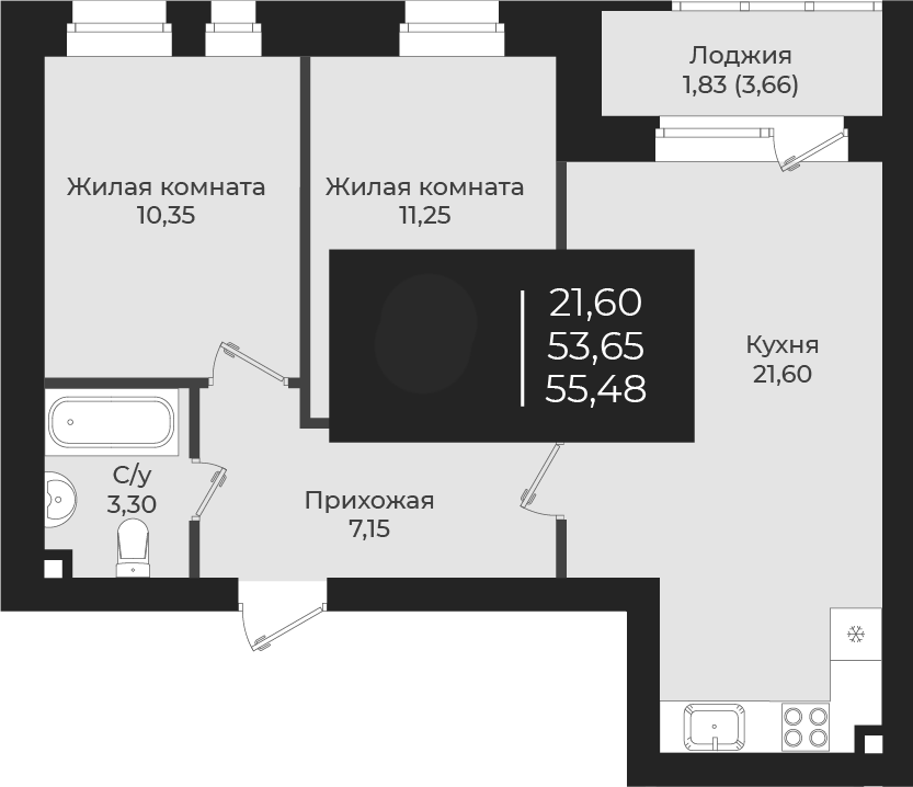 Планировка — Чехова, 2-комн., 54 м²