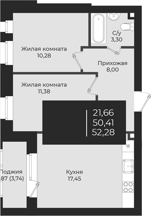 Планировка — Чехова, 2-комн., 50 м²