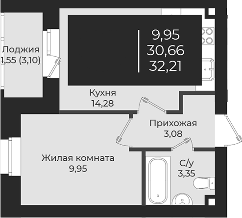Планировка — Чехова, 1-комн., 31 м²