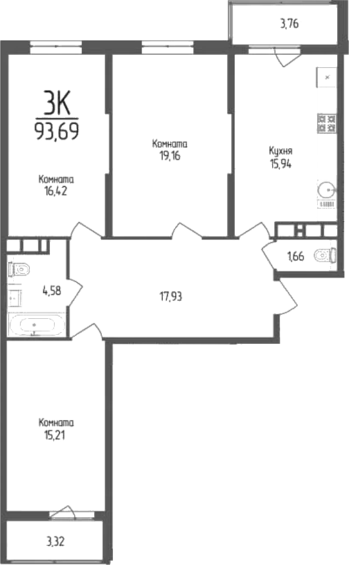 Планировка — Кумир, 3-комн., 91 м²