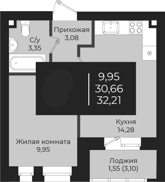 Планировка — Чехова, 1-комн., 31 м²