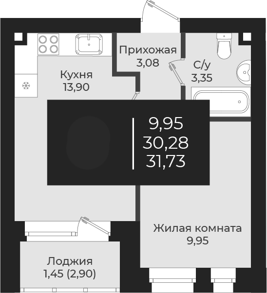 Планировка — Чехова, 1-комн., 30 м²