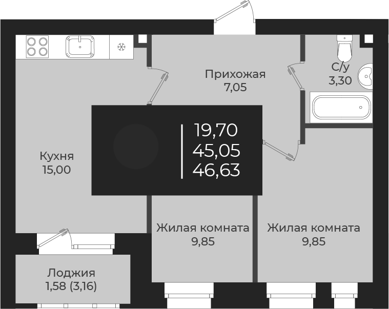 Планировка — Чехова, 2-комн., 45 м²