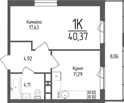 Планировка — Кумир, 1-комн., 38 м²