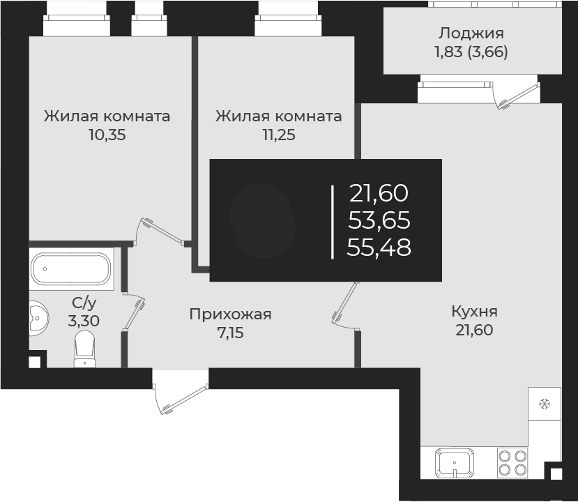 Планировка — Чехова, 2-комн., 54 м²