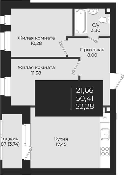 Планировка — Чехова, 2-комн., 50 м²