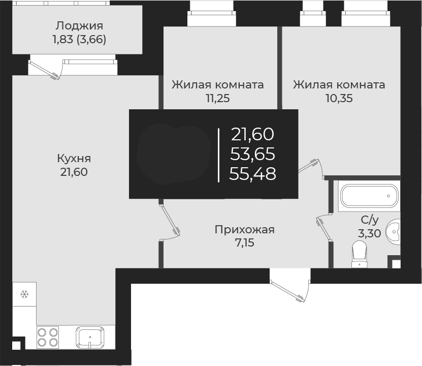 Планировка — Чехова, 2-комн., 54 м²