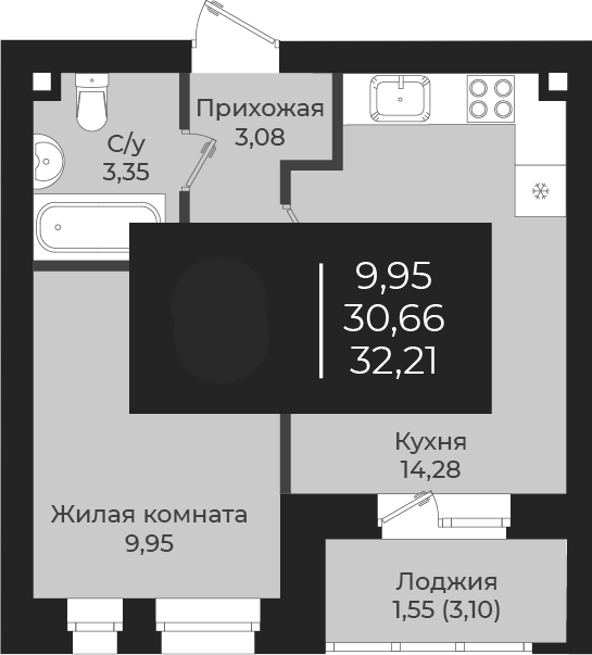 Планировка — Чехова, 1-комн., 31 м²