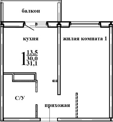 Планировка — Левенцовка парк, 1-комн., 31 м²