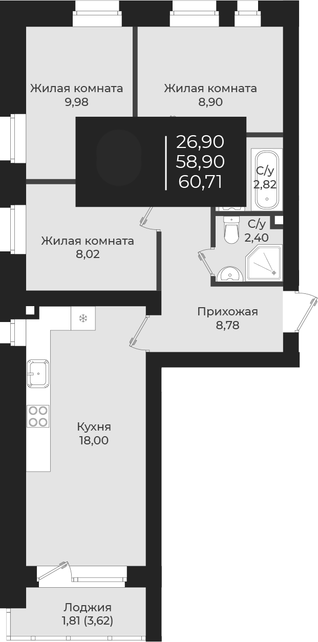 Планировка — Чехова, 3-комн., 59 м²