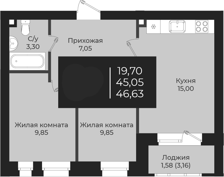 Планировка — Чехова, 2-комн., 45 м²