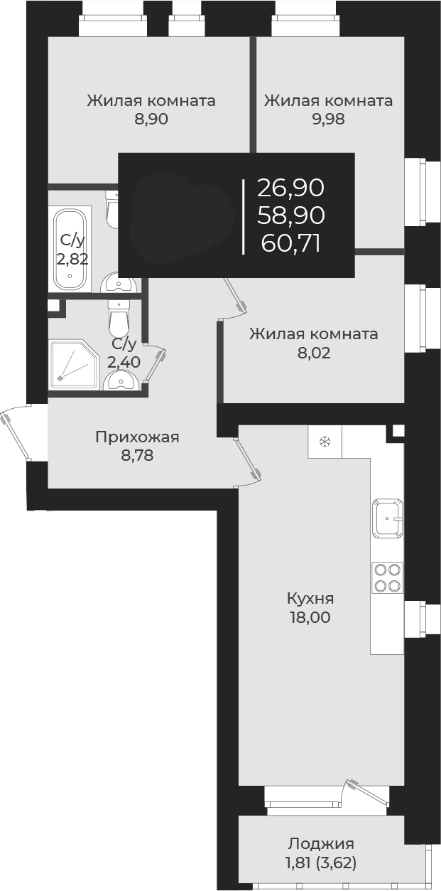 Планировка — Чехова, 3-комн., 59 м²