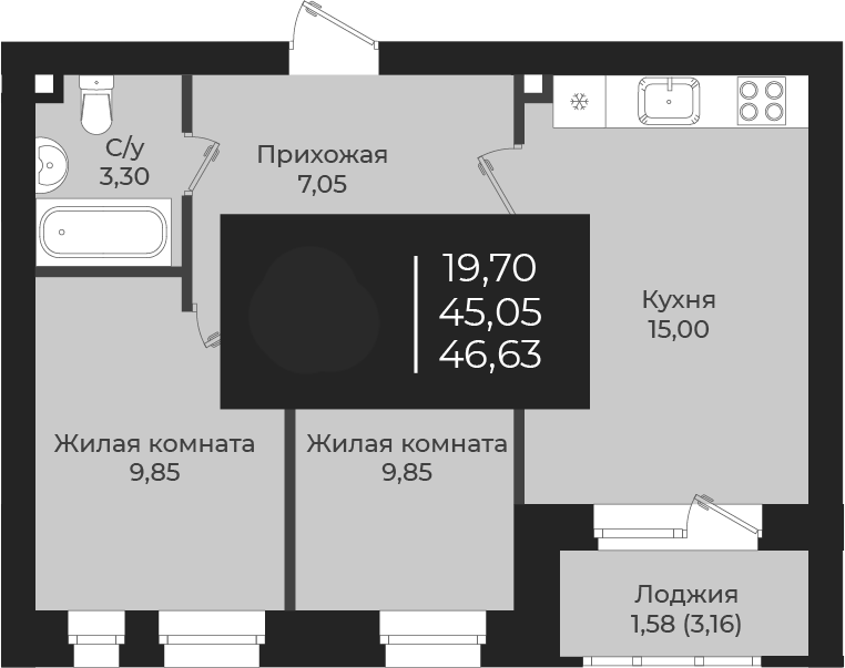 Планировка — Чехова, 2-комн., 45 м²