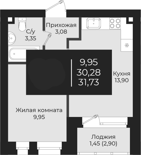 Планировка — Чехова, 1-комн., 30 м²