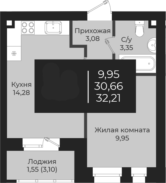 Планировка — Чехова, 1-комн., 31 м²
