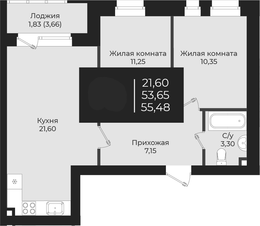 Планировка — Чехова, 2-комн., 54 м²