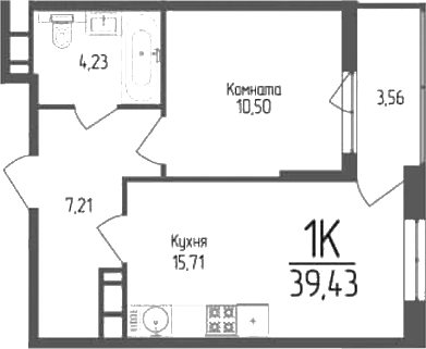 Планировка — Кумир, 1-комн., 38 м²