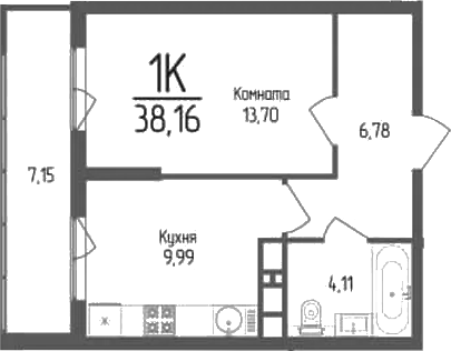 Планировка — Кумир, 1-комн., 35 м²