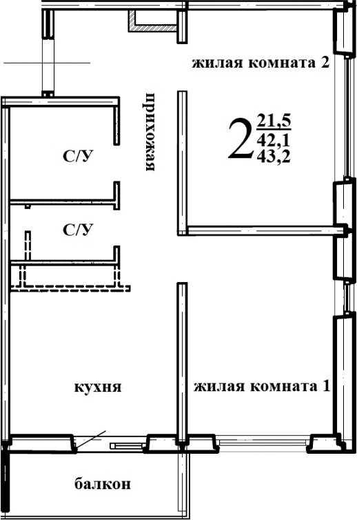 Планировка — Левенцовка парк, 1-комн., 43 м²