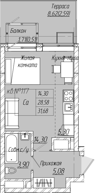 Планировка — Зимний сад, Студия, 29 м²