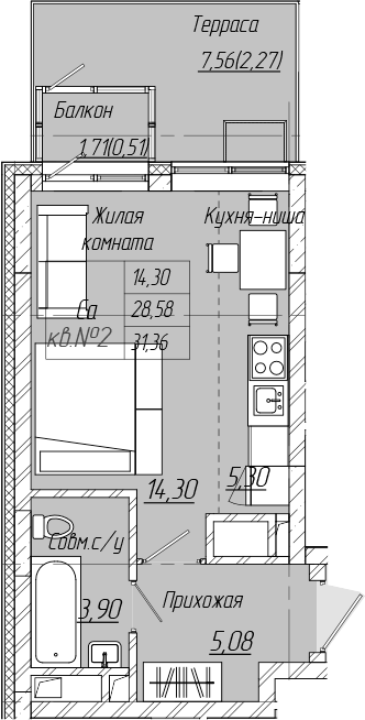 Планировка — Зимний сад, Студия, 29 м²