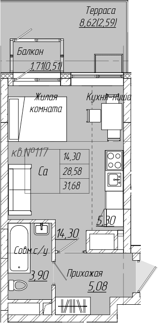 Планировка — Зимний сад, Студия, 29 м²