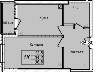 Планировка — Academia, 1-комн., 34 м²