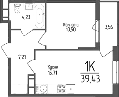 Планировка — Кумир, 1-комн., 38 м²