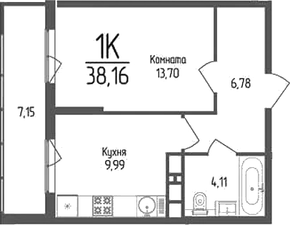 Планировка — Кумир, 1-комн., 35 м²