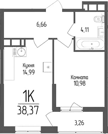 Планировка — Кумир, 1-комн., 37 м²