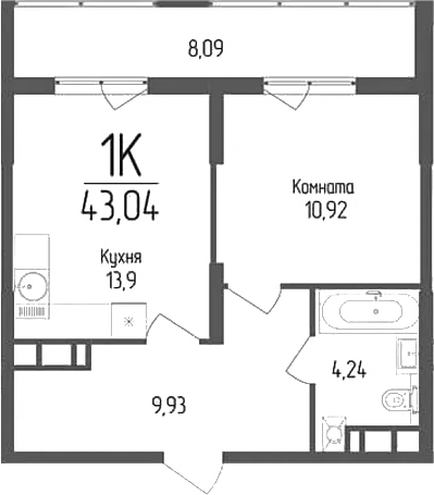 Планировка — Кумир, 1-комн., 39 м²