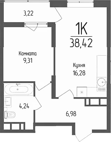 Планировка — Кумир, 1-комн., 37 м²