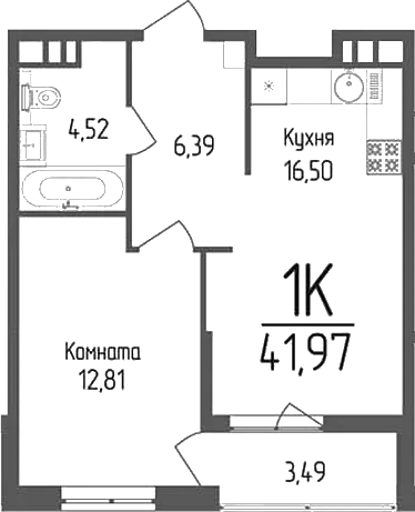 Планировка — Кумир, 1-комн., 40 м²
