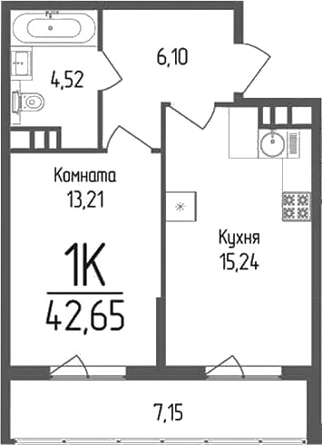 Планировка — Кумир, 1-комн., 39 м²