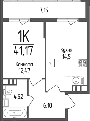 Планировка — Кумир, 1-комн., 38 м²