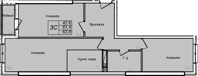 Планировка — Academia, 3-комн., 61 м²