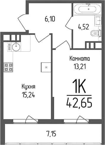 Планировка — Кумир, 1-комн., 39 м²