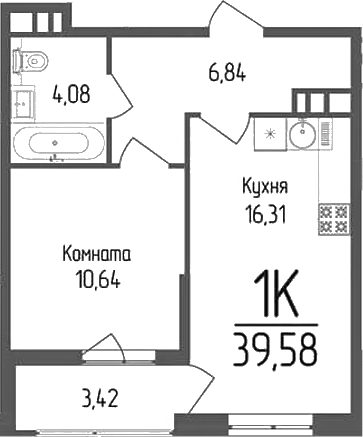Планировка — Кумир, 1-комн., 38 м²