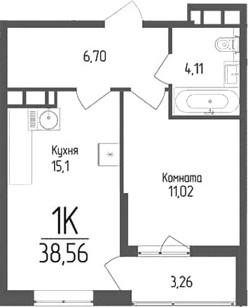 Планировка — Кумир, 1-комн., 37 м²