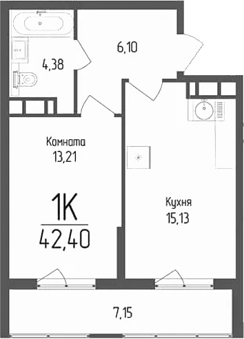 Планировка — Кумир, 1-комн., 39 м²