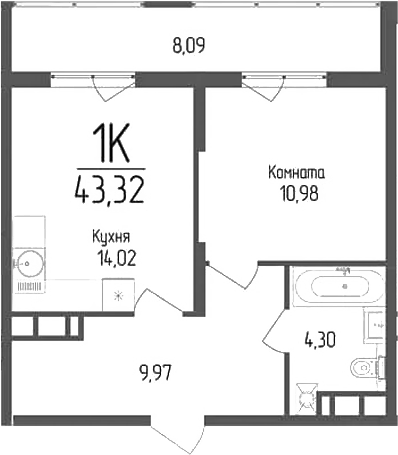 Планировка — Кумир, 1-комн., 39 м²