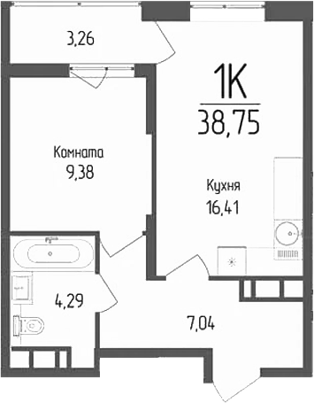 Планировка — Кумир, 1-комн., 37 м²