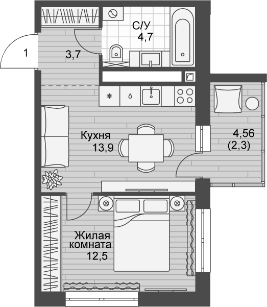 Планировка — Форест, 1-комн., 41 м²